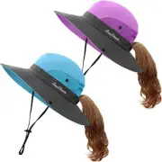 IYEBRAO 2 Pieces Kids Sun Hat with Ponytail Hole UPF 50 Summer Cap for Girls ...