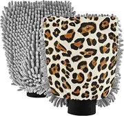 Wash Mitts Car Washing Microfiber Absorbent Chenille Sponge Car Cleaning Mitts Scratch-Free Leopard Black Brown Spots Beige, Large x 2 Pack