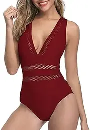 Women One Piece Swimsuits Sexy Hollow Out Mesh Deep V Neck Plunge Bathing Suit Backless Bodysuit Plus Size Beach