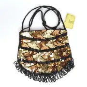 Magid Beaded Sequin Crossbody Black Gold Copper Tone Prom Evening Party Date