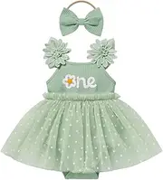 [IBTOM CASTLE] Baby Girl 1st Birthday Outfit Ribbed Knit Floral Embroidered Tulle Romper Dress+Headband Cake Smash Photoshoot