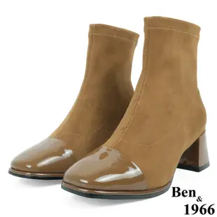 Ben&1966高級彈力布拼接牛漆皮時尚短靴-淺咖(237142)