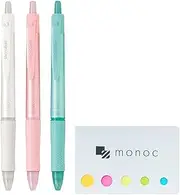Pilot Acroball T series, Retractable Ballpoint Pen, 0.3mm Black Ink, 3 Body Colors(Natural Color) set &"monoc" Sticky Note(Japan Import)