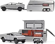 Tesla Cybertruck Model Car, Cyber Truck Toy with Motorhome, Beach Motorcycle, 1:32 Model Kit for Die-Cast Alloy Pickup Trailers with Light and Sound, for Children from 3 Years - Silver