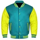 Varsity Baseball Lettermen College Retro Bomber Sky Wool & Yellow Leather Jacket