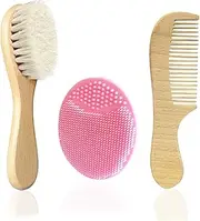 Mocokkiti Baby Hair Brush & Comb Set, Goat Bristles Brush and Silicone Hair Massage Brush for Cradle Cap Treatment Wood Bristle Brush for Newborns and Toddlers (3 Piece)