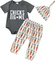 [Lamuusaa] Easter Outfit Baby Boy Short Sleeve Letter Print Romper Carrot/Bunny Patterns Long Pants Hat Summer Clothes