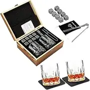 Sherum Sculpture Set, SheremArt Sculpture Set, with 2 Whiskey Glasses and 6 Stainless Steel Ice Rocks with Wooden Gift Box, Old Fashioned 200ml Whiskey Glasses, Gifts for Dad Husband (B)