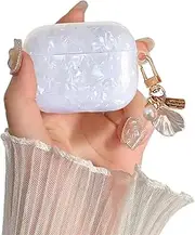 for Cute Airpods Pro 2nd/1st Gen Case Pink Girl Wome, Glitter Shell Pattern Airpods Pro 2/1 Protective Cover Skin with Luxury Pearl Shell Keychain for Airpods Pro 2nd/1st Generation, White