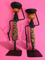 2 African Handmade Metal Candlesticks Figurines Beaded Tribal Decor Folk Art