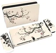 PlayVital Full Set Protective Stickers for Nintendo Switch OLED Model, Customized Vinyl Decal Skins for Switch OLED Console & Joycon & Dock & Grip - Blooming Plum Flowers