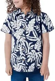 [Haloumoning] Boys' Short-Sleeved Shirt Hawaii Print Shirt Children's Aloha Shirt Summer Casual Funky Button Down Tops T-Shirt