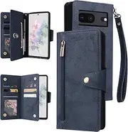 [YocoverTech] for Google Pixel 7 Pro 5G Case,for Google Pixel 7 Pro 5G Wallet Case[6 Card Slots and 1 Zipper Coin Pocket] PU Leather Stand Flip Cover with Wrist Strap [6.7 inch]-Blue