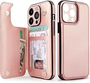 Wallet Case for iPhone 14 Pro Case with Card Holder, Fine Hole Camera Protect, Drop Protection, Wallet Phone Case Flip Leather Cover Men Women, 6.1 Inch Rose Gold