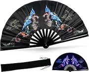 SYNTECSO Folding Hand Fan for Rave, UV Glow Fan, Large Bamboo Fan for Drag Queene, Women and Men Gift，Chinese Japanese Clack Fan for Parties, Music Festivals, EDM and Decoration