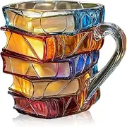 Painted Book Mug, Handmade Colored Glass Books Coffee Mug, Novelty Unique Colored Glass Cups, Acrylic Books Stack Shaped Coffee Cup Gifts for Book Lovers Readers Librarians Writers (300ml)