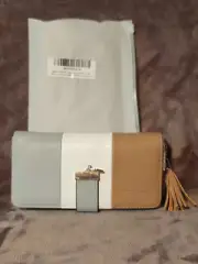 New Pomelo Best Tan White Gray Pink Stripe Faux Leather Zippy Wallet Purse RFID