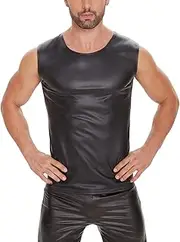[xokesy] Men Sexy Leather T-Shirt, Plus Size S-5XL, Shiny Soft Matte Leather, Sleeveless Leather Tops for Male