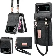 [XIMAND] for Flip Case with Leather Wallet,Wristlet Strap Zipper Cash Slot Wallet Hinge Part Protected for Samsung Galaxy Z Flip 4 5G,Fashion Handbag for Women Ladys(Black)