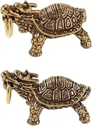 [SHIDXIB] 2Pcs Exquisite Vintage Brass Dragon Turtle Keychain Pendant Symbolic Desktop Decor for Wisdom Longevity, Bronze, Small