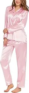 [SWOMOG] Women's Silk Satin Pajamas Set Long Sleeve Sleepwear Button-Down Pj Set 2 Pcs Nightwear Loungewear