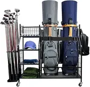 PORIYA Golf Bag Storage Rack Garage Organizer Stand with Shelves, Hooks & Wheels – Perfect for Storing 2 Golf Bags and Accessories, Durable Metal Frame,Extra Large Design for Golf Clubs Accessories