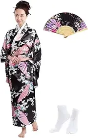 [KRUIHAN] Traditional Japanese Kimono Women Yukata Robe Silky Dressing Gown Japanese Style Dresses for Women, Party Fancy Dress Cosplay Costume with Folding Fan Tabi Socks Set