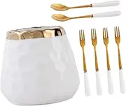 NAMOARLY 1 Set Stainless Steel Fruit Forks Ceramic Storage Jar Set Ergonomic Cake Salad Utensils for Kitchen Dining Parties and Restaurants Forks Spoons Included
