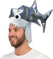Shark Hat. Twinkling Silver Shark costumeHeadwear. Handmade Party Crazy Shark Hat with 3DEmbroidered Eyes.One Size Fits Most