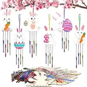 Fennoral 24 Pack Bunny Wind Chime Kit for Kids Make You Own Easter Rabbit Wind Chimes DIY Coloring Wooden Easter Craft for Girls Boys for Easter Hanging Ornaments Easter Party Decoration