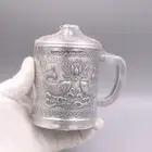 Solid S999 Fine Silver Drinking Cup With Lid Handle Carved Fish Coffee Cup 4.7in