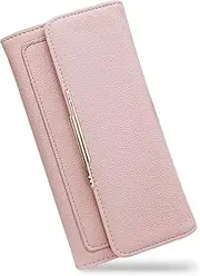 [AfitLulu] Women’s Long Wallet, Trifold Fold 10 Card Slot Clutch Wallet for Women, Buckle and Zipper Large Capacity Fashionable Ladies Wallets for Shopping, Dating, Travel and Daily Use, Pink, Modern