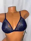 VICTORIA SECRET NAVY BLUE LACE UNLINED SHEER TRIANGLE BRALETTE NWT 2 TONE BLUE