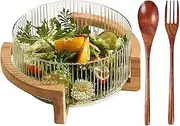 LXSMPWY Glass Salad Bowl with Bamboo Base-3QT Party Serving Set with Utensils, Durable Calcium Glass & Rustic Wood Stand for Entertaining, Dishwasher-Safe Fruit Vegetable Mixing Bowl