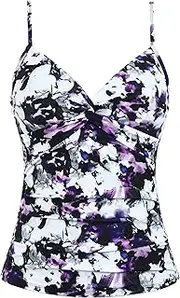 [Mycoco] V Neck Tankini Tops for Women Swimwear Tummy Control Swim Tops Ruched Padded Bathing Suit Tops