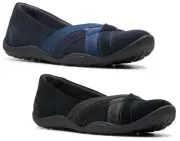 NEW WOMEN CLARKS HALEY JAY BLACK OR NAVY LEATHER SUEDE MEDIUM OR WIDE FLAT SHOES