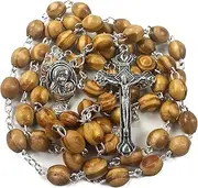[Nazareth Store] Catholic Prayer Rosary Olive Wood Beads Necklace Holy Soil Medal & Metal Cross Velvet Gift Bag