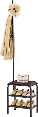 Gewudraw Coat Rack Stand Shoe Bench - 3 in 1 Hall Tree with Rustic Brown