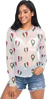 [RPLIFE] Heart Italian Flag Womens Mesh Top, Sheer Top Long Sleeve S-XXL