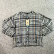 Prana Womens Pollino Top Reed Blue Plaid Snap Front Crew Neck Small