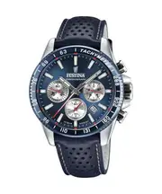 Festina Timeless Chronograph Tachymeter Quartz F20561-2 Mens Watch Leather Strap Blue Dial 100M