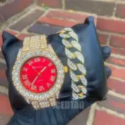 Men's Iced Icy Luxury Red Dial Bling Gold Plated Cubic Zirconia Watch, Bracelet