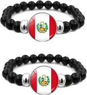 2 Peru Flag Black Beaded Elastic Bracelet, Handmade Peru Flag Travel Souvenir Bracelet, Sports Fans Cheering Bracelet Event Souvenir, One size, Resin,Glass, glass
