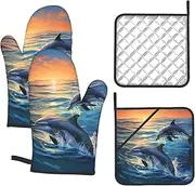 4 pcs Oven Mitts and Pot Holders Set 500°F Heat Resistant Oven Gloves and Hot Pads Kitchen Mittens Dolphins in The sea Cooking Gloves Potholders for Baking Grilling