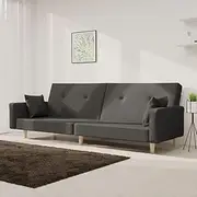 2-Seater Sofa Bed, Dark Grey Fabric Folding Sleeper Couch with Two Pillows, Convertible Futon for Small Room, Living Room