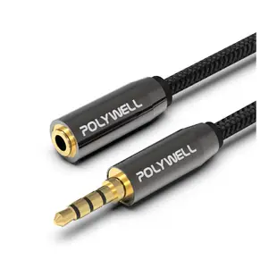 POLYWELL 3.5mm AUX音源延長線 公對母 1M 3環4節 4極 鋁合金外殼 編織版