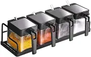 Kitchen Spice Rack with 4 Seasoning Boxs and Spoon, Wall-Mounted Carbon Steel Spice Jars Shelves for Sugar, Salt, Pepper MONKX
