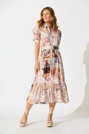 Allyna Midi Shirt Dress Short Sleeve in multicolor White Multi Patchwork 8