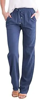 [Generic] Linen Pants for Women Summer Elastic High Waist Straight Leg Casual Pants Loose Comfy Beach Trousers Pockets 2025, F- Blue, Small