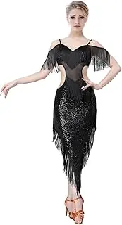 [Jormino] Sequin Fringe Latin Dance Dress, Mesh & Glitter Salsa Dresses for Women, Shimmery Party Skirts